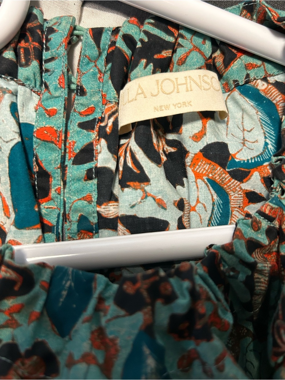 Ulla Johnson Teal Floral Ruffle Blouse with Rust Accents - Picture 5 of 6